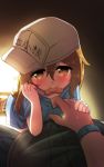  1boy 1girl bandaid blush brown_eyes brown_hair child dress hair_between_eyes hat hataraku_saibou long_hair mouth_hold neki_(wakiko) platelet_(hataraku_saibou) pov pov_eye_contact short_sleeves solo_focus white_hat 