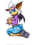  bat big_breasts breast_grab breasts female green_eyes hat jeans kneeling kojack kojak looking_at_viewer mammal nipples plain_background rouge_the_bat sega shoes smiley solo sonic_(series) sonic_team unknown_artist white_background 