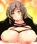  bad_id bad_pixiv_id breast_rest breasts brown_eyes brown_hair hijiri_byakuren huge_breasts licking_lips nipples solo tongue tongue_out touhou tro 