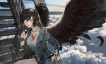  1girl above_clouds alternate_costume bangs belt bird_wings black_hair black_wings cloud cloudy_sky commentary_request contemporary day feathers hair_between_eyes hand_in_pocket hand_up holding holding_microphone jacket jewelry leaning_to_the_side long_hair long_sleeves looking_at_viewer microphone motion_blur namusan1146 necklace open_clothes open_jacket open_mouth outdoors pocket red_eyes reiuji_utsuho shirt shorts sky slit_pupils solo spread_wings stairs swept_bangs third_eye touhou unzipped upper_body white_shirt wings wristband zipper zipper_pull_tab 