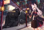  animal_ears detached_sleeves fox_ears fox_tail haik hair_ornament locomotive long_hair looking_at_viewer open_mouth original red_eyes silver_hair steam_locomotive suitcase tail train_station wide_sleeves 