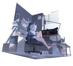  1girl absurdres animal_ear_headphones animal_ears artist_name bandaid bandaid_on_knee bandaid_on_leg barefoot blue_eyes blue_hair blue_jacket blue_nails bottle breasts chair clock closed_mouth collared_shirt commentary controller crossed_bangs cup desk_microphone dress_shirt fake_animal_ears feet full_body game_controller gaming_chair grey_shorts hair_between_eyes hair_ornament hairclip headphones hibiki-147 highres holding holding_controller holding_cup holding_game_controller indoors jacket light_particles looking_at_viewer medium_hair monitor mug nintendo_switch on_chair open_clothes open_jacket original picture_frame plant potted_plant rug shelf shirt shorts sitting smile solo stuffed_animal stuffed_rabbit stuffed_toy swivel_chair toes water_bottle white_shirt 