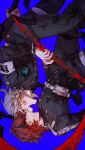 2boys :d absurdres aotsuki_eito armband belt belt_pouch black_pants black_streaks blood blood_on_clothes blood_on_face blood_on_gloves blue_background blue_eyes buttons chinese_commentary clenched_teeth cuts eye_contact gakuran glasses gloves grey_hair grimace highres holding holding_scythe hole_in_chest hole_on_body injury last_defense_academy_school_uniform looking_at_another male_focus multicolored_hair multiple_boys pants pouch red_hair school_uniform scythe short_hair simple_background smile spoilers streaked_hair sumino_takumi teeth the_hundred_line_-last_defense_academy- upside-down waiaaaaaaa weapon white_armband white_belt white_gloves wide-eyed 