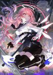  1girl absurdres arknights black_gloves black_necktie black_shoes bullet detached_leggings detached_wings earrings energy_wings gloves gun half_gloves halo highres holding holding_bullet holding_weapon jewelry lemuen_(arknights) long_hair looking_at_viewer luomuzhen necktie pink_eyes pink_hair rifle shirt shoes single_earring sniper_rifle solo traditional_halo weapon white_shirt wings 