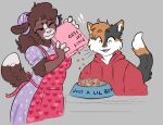 anthro apron border_collie bovid bowl calico_cat canid canine canis caprine clothed clothing collie container domestic_cat domestic_dog duo felid feline felis female food food_bowl herding_dog horn hunter_(hhdrawer) hybrid jacket mae_(maebeasheep) maebeasheep male male/female mammal pastoral_dog pet_bowl sheep sheepdog smile smiley_face topwear