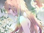  alphonse_elric androgynous av_(abusive) bare_shoulders blonde_hair colorful covering expressionless eyebrows_visible_through_hair eyelashes flower from_side fullmetal_alchemist gradient gradient_background grey_background lily_(flower) long_hair looking_back male_focus messy_hair nude nude_cover profile rain simple_background solo upper_body very_long_hair white_background white_flower yellow_eyes 