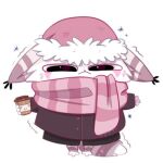1:1 ambiguous_gender big_eyes black_bottomwear black_clothing black_pants bloominglynx bottomwear brown_body brown_clothing brown_fur brown_topwear chibi christmas christmas_clothing christmas_headwear clothed clothing coffee_cup container cup felid feral front_view full-length_portrait fur glistening glistening_eyes hat headgear headwear holding_coffee_cup holding_container holding_cup holding_object holidays mammal mouth_closed narrowed_eyes pants pink_eyes pink_scarf portrait santa_hat scarf simple_background solo standing topwear white_background white_body white_fur