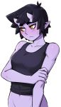  black_hair black_tank_top blush commentary english_commentary eyebrows_visible_through_hair frown groin highres horns ittla looking_away navel oni_horns orange_eyes original pointy_ears purple_skin short_hair slit_pupils solo sweatdrop tank_top thick_eyebrows transparent_background ume_(ittla) upper_body 