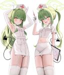  2girls absurdres alternate_costume armpits blue_archive breasts commentary_request crop_top demon_girl demon_tail dress elbow_gloves garter_straps gloves green_halo grey_hair halo hat highres hikari_(blue_archive) holding holding_syringe hooming_illust midriff miniskirt multiple_girls navel nozomi_(blue_archive) nurse nurse_cap open_mouth panties pencil_skirt pointy_ears rabbit_pose siblings simple_background sisters skirt small_breasts syringe tail thighhighs thighs twins underwear white_background white_dress white_garter_straps white_gloves white_panties white_skirt white_thighhighs yellow_eyes 