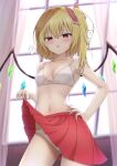  1girl ? absurdres armpits backlighting blonde_hair bloom blush bow bow_bra bra breasts clothes_lift collarbone commentary_request cowboy_shot crystal flandre_scarlet hair_between_eyes hair_bow hand_on_own_hip hand_up highres indoors lifting_own_clothes light_blush looking_at_viewer looking_down medium_hair midriff miniskirt navel no_headwear no_shirt one_side_up open_mouth panties pleated_skirt red_bow red_eyes red_skirt skirt skirt_lift slit_pupils small_breasts solo speech_bubble spoken_question_mark stomach szl touhou tsurime underwear variant_set white_bra white_panties window wings 