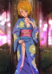  ahoge areola_slip areolae blonde_hair blue_kimono blush breasts cleavage clothes_lift commentary eyebrows_visible_through_hair floral_print hair_between_eyes hair_ornament hugtto!_precure japanese_clothes kagayaki_homare kimono kimono_lift long_sleeves looking_at_viewer medium_breasts no_panties ontaros open_mouth outdoors precure shiny shiny_hair shiny_skin short_hair solo star star_hair_ornament tree wide_sleeves yellow_eyes yukata 