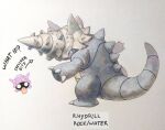  absurdres claws english_commentary english_text fakemon fangs from_behind full_body fusion highres horns kaiju looking_back monster pokemon pokemon_(creature) rhydon shellder single_horn spines spiral_horn tail tongue tongue_out zzfer_draws 