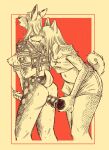 anal anal_penetration anthro arms_tied_behind_back bdsm beruca_(glopossum) biped bite bodily_fluids bondage bonnie_guerra bottomwear bound canid canine canis clothing constance_(glopossum) cum deer dildo dildo_in_ass dildo_insertion domestic_dog drooling duo ear_piercing erection eye_through_hair female genital_fluids genitals gynomorph hair handjob hi_res intersex mammal markings navel object_in_ass penetration penile penis piercing red_background restraints rope rope_bondage rope_harness saliva scut_tail sex sex_toy sex_toy_in_ass sex_toy_insertion shiba_inu short_tail shorts shoulder_bite simple_background smile spitz spots spotted_body standing sweat tail translucent translucent_hair