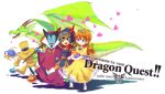  1girl 2boys arm_around_shoulder arm_hug dragon_lord dragon_quest dragon_quest_i dress earrings ebira golem_(dragon_quest) green_dragon_(dragon_quest) grin happy_birthday heart helmet hero_(dq1) holding holding_staff jewelry lunatick multiple_boys open_mouth princess_laura purple_robe robe she-slime simple_background slime_(dragon_quest) smile staff tiara white_background yellow_dress 