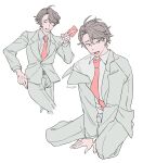  1boy belt black_hair brown_belt card collared_shirt commentary cropped_legs fang green_jacket green_pants green_shirt highres holding holding_card jacket long_sleeves looking_at_viewer looking_to_the_side male_focus medium_hair multiple_views necktie off_shoulder ooe_(game) open_mouth pants red_eyes red_necktie shamoroku shirt simple_background sitting sweatdrop symbol-only_commentary takeshiba_(ooe) tears white_background 