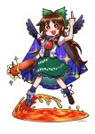  1girl arm_cannon black_wings bow brown_hair cape chibi commentary feathered_wings full_body green_bow green_skirt hair_bow index_finger_raised lava long_hair mogamiya_honu open_mouth red_eyes reiuji_utsuho shirt short_sleeves simple_background skirt solo third_eye third_eye_on_chest touhou weapon wings 