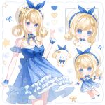  1girl :o absurdres animal baby_animal bare_legs bare_shoulders beads beret blonde_hair blue_bow blue_bowtie blue_brooch blue_choker blue_dress blue_eyes blue_shoes blue_sleeves blue_wrist_cuffs bow bow_choker bowtie bubble bubble_print bubbly_voyage_(infinity_nikki) buttons chibi chinese_commentary choker clothed_animal collared_dress color_guide commentary_request cowboy_shot cropped_torso detached_sleeves dog dress expressionless eyelashes floating frilled_choker frilled_dress frilled_sleeves frilled_wrist_cuffs frills hair_ornament hair_rings hairclip hand_up happy hat hat_bow hat_ornament heart highres infinity_nikki light_blush looking_at_viewer loose_hair_strand meiwei_tiantian_hua_niang multiple_views nikki_(series) open_mouth outside_border outstretched_arms parted_lips pleated_dress puppy rabbit_hair_ornament see-through_clothes see-through_sleeves shoes short_dress short_hair_with_long_locks short_sleeves smile sparkle star_(symbol) star_choker star_hat_ornament strapless strapless_dress striped_clothes striped_dress swept_bangs teeth upper_teeth_only vertical-striped_clothes vertical-striped_dress white_background white_dog white_hat wrist_cuffs 