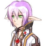  1boy arch_bishop_(ragnarok_online) closed_mouth commentary_request cross cross_necklace cross_of_prontera expressionless green_eyes hair_between_eyes jacket jewelry looking_afar lowres male_focus necklace pointy_ears purple_hair ragnarok_online short_hair simple_background solo upper_body white_background white_jacket yukimushi 