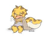 ambiguous_gender anthro aoihinoki1024 blush blush_lines bodily_fluids bottomwear clothing dot_eyes drooling eel fish humanoid hybrid male marine markings saliva scarf shaking shorts signature simple_background simple_eyes solo spots spotted_body tail tail_mouth teeth unusual_anatomy unusual_tail white_background yellow_body