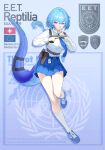  1girl absurdres belt belt_buckle belt_pouch biohazard_symbol black_straps blue_belt blue_eyes blue_hair blue_necktie blue_shoes blue_skirt blue_tail breasts bright_pupils buckle character_name collared_shirt emblem english_commentary english_text extra_teeth fang fangs full_body gun handgun highres holding holding_gun holding_weapon holster id_card jerry_wang lizard_tail long_hair long_sleeves medium_breasts monster_girl necktie office_lady open_mouth original pleated_skirt pouch reptile_girl scales shirt shoes sig_p210 sig_sauer skin_fang skirt slit_pupils sneakers socks solo standing standing_on_one_leg swiss_flag tail tail_strap thighs trigger_discipline weapon white_pupils white_shirt white_socks 