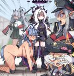 5girls absurdres ahoge ako_(blue_archive) all_fours animal_ears armband black_halo black_horns black_skirt black_thighhighs blonde_hair blue_archive bolt_action boots breasts coat coat_on_shoulders covering_another&#039;s_eyes curved_horns dark-skinned_female dark_skin demon_girl demon_horns demon_wings dog_ears dog_tail forehead gloves gradient_halo gradient_horns grey_hair grey_halo gun hair_between_eyes hair_ornament hair_over_one_eye hairclip half_gloves halo hat high_heel_boots high_heels highres hina_(blue_archive) holding holding_gun holding_weapon horns ibuki_(blue_archive) iori_(blue_archive) knee_pads large_breasts long_hair long_sleeves low_wings makoto_(blue_archive) mauser_98 miniskirt multicolored_halo multicolored_horns multiple_girls multiple_horns muyoshito parted_bangs peaked_cap pencil_skirt pet_play pleated_skirt pointy_ears public_indecency purple_eyes purple_wings red_armband red_eyes red_halo rifle side_ponytail skirt tail thighhighs twintails weapon white_gloves white_hair wings yellow_halo 