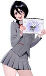  1girl absurdres black_hair bleach bow bowtie commentary cowboy_shot english_commentary grey_jacket grey_skirt hair_between_eyes highres holding holding_sketchbook jacket kuchiki_rukia lapels lavelis long_bangs long_sleeves medium_hair miniskirt notched_lapels open_mouth pleated_skirt purple_eyes red_bow red_bowtie school_uniform shirt simple_background sketchbook skirt smile solo teeth upper_teeth_only v-shaped_eyebrows white_background white_shirt 