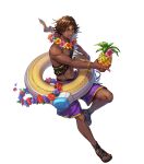  1boy abs attack brown_eyes brown_hair dark-skinned_male dark_skin fire_emblem fire_emblem_engage fire_emblem_heroes flower flower_necklace fogado_(fire_emblem) fogado_(summer)_(fire_emblem) food fruit highres innertube lei male_focus male_swimwear non-web_source official_alternate_costume official_art parted_lips pineapple pointing purple_swim_trunks sandals smile solo star-shaped_pupils star_(symbol) swim_ring swim_trunks symbol-shaped_pupils transparent_background 