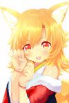  1girl animal_ears bare_shoulders blonde_hair blush fox_ears fox_tail futaba_akane heart japanese_clothes long_hair looking_at_viewer naomi_(sekai_no_hate_no_kissaten) open_mouth original paw_pose red_eyes smile solo tail 