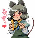  :3 :d animal_ears blush capelet cheese eyebrows_visible_through_hair fingernails food furrowed_eyebrows grey_hair heart ifelt_(tamaki_zutama) jewelry long_sleeves motion_lines mouse_ears mouse_tail nazrin nose_blush open_mouth pendant red_eyes short_hair simple_background smile solo tail tail_raised touhou white_background 