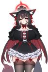  1girl absurdres animal_ear_fluff animal_ears black_dress black_garter_belt black_hair black_hairband black_nails black_thighhighs blue_archive blush bow colored_inner_hair dress fingernails fox_ears fox_girl fox_tail garter_belt hair_bow hairband hands_on_own_face highres lolita_hairband long_fingernails long_hair multicolored_hair open_mouth petticoat red_bow red_hair snya_ko solo tail thighhighs two-tone_hair wakamo_(blue_archive) wide_hips 