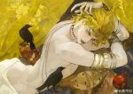  1boy absurdres accessories alternate_costume ancient_egyptian_clothes bird bishounen black_bird black_nails blonde_hair breasts cleavage commentary crow dio_brando earrings fingernails green_lips highres jewelry jojo_no_kimyou_na_bouken long_fingernails long_hair looking_at_viewer male_focus scar scar_on_neck smile solo stardust_crusaders topless_male vampire weibo_7028668330 yellow_eyes yellow_theme 