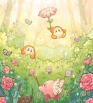  arm_up artist_name blue_eyes blush blush_stickers brown_eyes bug bush butterfly commentary day english_commentary facing_away fairy_wings floating flower flower_umbrella forest grass highres holding holding_paintbrush holding_umbrella jar kirby kirby_(series) kurain_villager light_rays nature notice_lines outdoors paint paintbrush pink_flower pink_rose plant rose sparkle star_(symbol) sunbeam sunlight tree twitter_username umbrella waddle_dee wings 