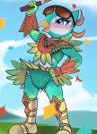 4_fingers absurd_res anthro armor aroused aroused_smile avian beaded_breastplate beaded_clothing beads beak bird bird_body_(nintendo_switch_sports) blue_eyes blush boots bottomwear breastplate clean_diaper cloth_diaper clothed clothing cloud colored confetti crop_top diaper diaper_fetish diaper_under_clothing diaper_under_skirt digital_drawing_(artwork) digital_media_(artwork) exposed_diaper eye_markings eyeliner eyewear eyewear_on_head facial_markings feathered_breastplate feathered_clothing feathered_skirt feathers femboy fingers flamboyant footwear gauntlets gem glistening glistening_eyes gloves golf golf_club golf_course grass grass_field green_arms green_body green_cloth_diaper green_clothing green_crop_top green_diaper green_face green_feathers green_hands green_legs green_shirt green_topwear hand_on_hip hand_on_own_hip handwear head_markings hi_res hill humanoid_hands makeup male markings mask_(marking) midday midriff milklemon5127 open_beak open_mouth open_smile orange_body orange_feathers plant raised_arm raised_bottomwear raised_clothing raised_skirt red_breastplate red_clothing red_gauntlet samba_outfit shirt shoes skirt sky smile solo sparking_cloth_diaper sparkles sparkling_clothing sparkling_diaper sport sunglasses sunglasses_on_head tan_boots tan_clothing tan_footwear tongue topwear tournament victory victory_pose wardrobe_malfunction wearing_diaper white_bosy white_eye_markings white_face white_facial_markings white_head_markings white_markings white_mask_markings white_torso wind wind_lift yellow_beak