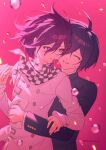  2boys ahoge black_hair black_jacket buttons closed_eyes danganronpa_(series) danganronpa_v3:_killing_harmony ewa_(seraphhuiyu) flower grin hair_between_eyes highres hug hug_from_behind jacket long_sleeves male_focus multiple_boys oma_kokichi pink_eyes saihara_shuichi short_hair smile teeth yaoi 