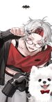  1boy bespectacled bow fangs glasses hair_ornament highres kuzuha_(nijisanji) leaning_forward looking_at_viewer male_focus midriff miroku_(butuzo33) navel nijisanji red_bow red_eyes red_shirt shirt short_hair simple_background solo white_background white_dog white_hair x_hair_ornament 