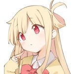  1girl bad_link blonde_hair bow bowtie hair_between_eyes little_witch_nobeta long_hair long_sidelocks long_sleeves lowres nobeta nobeta_(knitted_uniform_skin) official_art portrait red_bow red_bowtie red_eyes sidelocks simple_background sleeves_past_wrists solo 