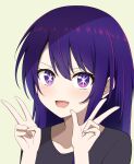  1girl :d absurdres black_shirt blush bright_pupils commentary_request double_v hair_between_eyes hands_up highres hoshino_ai long_hair looking_at_viewer open_mouth oshi_no_ko portrait purple_eyes purple_hair shirt sidelocks simple_background smile smug solo star-shaped_pupils star_(symbol) straight_hair symbol-shaped_pupils szl v v-shaped_eyebrows white_pupils yellow_background 