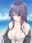  alternate_hair_length alternate_hairstyle bare_shoulders beach bikini blue_sky breasts cleavage cloud collarbone commentary_request day eyepatch front-tie_top hair_between_eyes highres kantai_collection large_breasts lips long_hair looking_at_viewer ocean outdoors purple_hair remodel_(kantai_collection) saku_(kudrove) sidelocks sky smile solo swimsuit tenryuu_(kantai_collection) upper_body water white_bikini yellow_eyes 