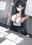  1boy 1girl 343_sashimi absurdres black_hair breasts hair_between_eyes highres id_card jacket long_hair nipple_stimulation office_lady original paper pencil_skirt shirt_tucked_in skirt speech_bubble table x-ray 