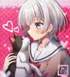  1girl bang_dream! bang_dream!_it&#039;s_mygo!!!!! blue_eyes brown_shirt cat collarbone hanasakigawa_school_uniform heart holding kaname_raana looking_at_another red_sailor_collar sailor_collar school_uniform shindoi_akio shirt short_hair twitter_username upper_body white_shirt 