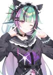  1girl :3 black_hair blush bow bracelet chest_harness choker commission commissioner_upload english_commentary finana_ryugu finana_ryugu_(jirai_kei) fins fish_skeleton_hair_ornament green_hair hair_bow harness head_fins highres jewelry long_hair maid_headdress multicolored_hair necklace nijisanji nijisanji_en o-ring o-ring_choker one_eye_closed pearl_bracelet pointing pointing_at_self purple_eyes purple_hair scales second-party_source shell shell_necklace simple_background solo streaked_hair tamatabe very_long_hair virtual_youtuber white_background 