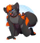 absurd_res all_fours anthro black_collar bloominglynx blue_eyes canid canine canis cheek_tuft collar facial_tuft fangs force_(fullforceural) fur grey_body grey_fur hair hi_res looking_at_viewer male mammal markings narrowed_eyes nude open_mouth open_smile orange_hair orange_markings orange_nose orange_pawpads pawpads signature smile solo teeth tuft wolf
