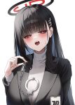  aspih_sp black_hair black_jacket blue_archive blunt_bangs blush cuffs hair_behind_ear hair_ornament hairclip handcuffs highres holding holding_handcuffs jacket long_hair looking_at_viewer open_mouth red_eyes rio_(blue_archive) saliva shirt sidelocks sweat turtleneck turtleneck_shirt upper_body white_shirt 