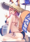 \m/ absurdres animal_ear_fluff animal_ears ass ball bare_legs beach_umbrella bikini blue_bikini blush breasts closed_umbrella fang fate/grand_order fate_(series) fox_ears fox_tail hat highres kazuha_(saku_kn) large_breasts long_hair looking_at_viewer looking_back open_mouth pink_hair side-tie_bikini simple_background sitting smile solo straw_hat sun_hat swimsuit tail tamamo_(fate)_(all) tamamo_no_mae_(swimsuit_lancer)_(fate) umbrella wariza white_background yellow_eyes 