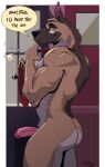 absurd_res biped blacksad brown_body brown_fur butt canid canine canis chief_smirnov domestic_dog dragondrawer erection eyebrows eyewear fur genitals german_shepherd herding_dog hi_res humanoid_genitalia humanoid_penis male mammal mostly_nude muscular muscular_male necktie necktie_only pastoral_dog penis pubes solo speech_bubble text