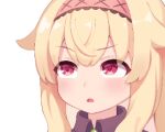  1girl bad_link blonde_hair close-up hairband little_witch_nobeta long_hair looking_up lowres nobeta official_art open_mouth portrait red_eyes sidelocks simple_background solo white_background 