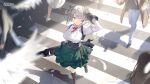  2boys 4girls absurdres aether_gazer arm_up bird black_boots black_gloves blue_eyes blurry blurry_foreground boots bracer breasts center_frills chest_harness ciel_alencon closed_mouth corset crosswalk elbow_gloves falling_feathers feathers fingerless_gloves frilled_shirt_collar frilled_skirt frills gloves god_eater god_eater_2:_rage_burst green_skirt grey_hair gun hair_between_eyes hair_ribbon harness highres holding holding_gun holding_weapon huge_weapon knee_boots large_breasts logo long_sleeves looking_at_viewer multiple_boys multiple_girls neck_ribbon official_art official_wallpaper one_eye_closed puffy_long_sleeves puffy_sleeves red_ribbon ribbon shadow shirt short_hair short_twintails sidelocks skirt solo_focus standing standing_on_one_leg twintails weapon white_shirt 