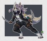 accessory anthro arm_scar belt black_clothing black_sclera bracelet canid canine canis chest_scar clothed clothing coyote dagger ells_(jesterghastly) facial_piercing facial_tattoo geckone gloves grin hair hair_accessory handwear hi_res jacket jewelry leather male mammal melee_weapon neck_tattoo nose_piercing nose_ring open_clothing open_jacket open_topwear piercing pink_hair purple_eyes ring_piercing rogue scar short_sword smile solo spiky_hair tail tattoo thief topwear weapon