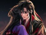  1boy 1girl black_eyes black_hair black_hanfu blood blood_on_clothes blood_on_face blood_on_hands chinese_clothes dojeog1234 hair_ribbon half_updo hand_on_another&#039;s_back hanfu highres injury jiang_yanli long_hair looking_ahead lower_teeth_only mixed-language_commentary modao_zushi open_mouth purple_hanfu ribbon smoke teeth upper_body wei_wuxian 