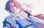  1boy 1other aqua_fur bandana bandana_around_neck blue_eyes blue_hair crossed_bangs fire_emblem fire_emblem_engage hair_between_eyes heterochromia looking_at_viewer makerunaaaaaaa male_alear_(fire_emblem) multicolored_hair open_mouth prince red_bandana red_eyes red_hair solo sommie_(fire_emblem) split-color_hair tri_tails two-tone_fur two-tone_hair white_fur 